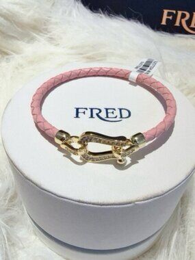 FRED Force 10 Pink Braided Leather Bracelet with Diamond-Encrusted Gold Clasp
